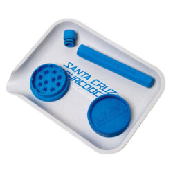 Santa Cruz blue rolling kit tray grinder and tube arranged on tray