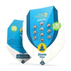 Official Royal Queen Seeds Stress Killer CBD Autoflowering seed packet showing the 3-seed count, Evertree EU.