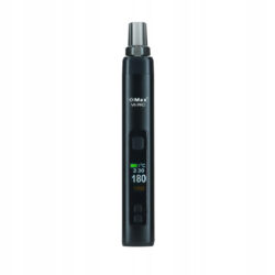 Black XMax V4 Pro vaporizer showing the session timer and temperature on its digital display