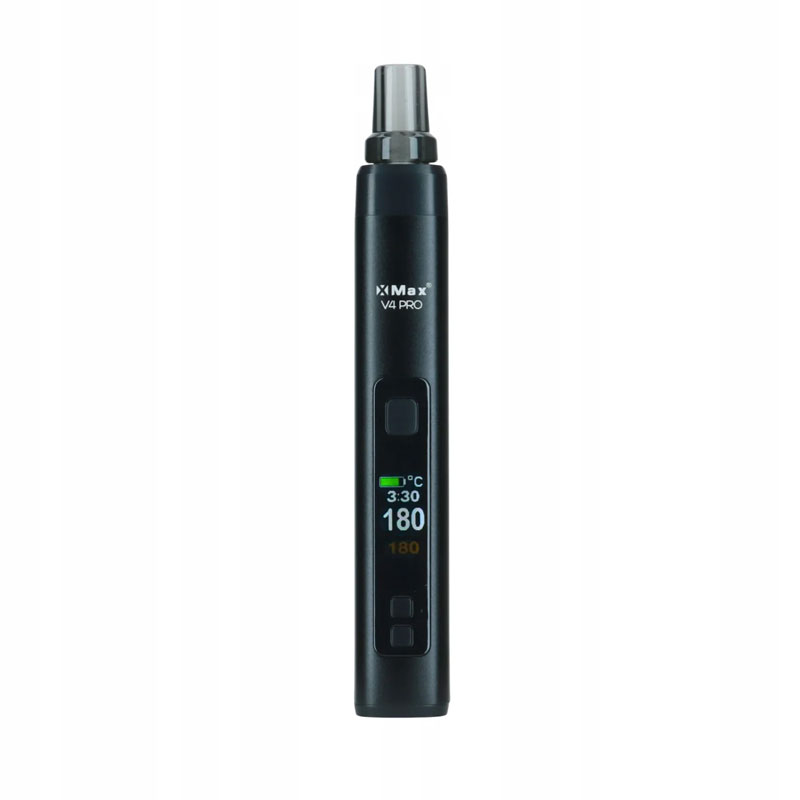 Black XMax V4 Pro vaporizer showing the session timer and temperature on its digital display