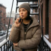 Woman holding a G Pen 510 OG battery on a snow-covered fire escape