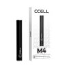 CCELL M4 black cartridge battery standing next to its retail packaging