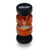 Open orange Santa Cruz Shredder Split Series grinder with teeth, mesh screen and lower collector