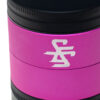 Detail of the silver SCS engraving and matte pink finish on the Split Series grinder